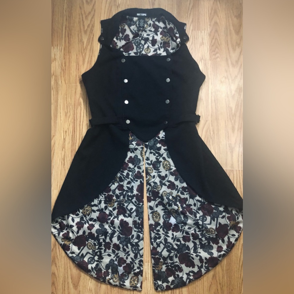Hot Topic Snap Button Long Tailcoat Vest XL Black Rose Victorian Gothic